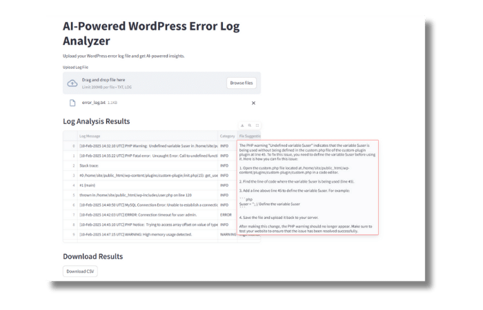 AI-powered WordPress error log analyzer output