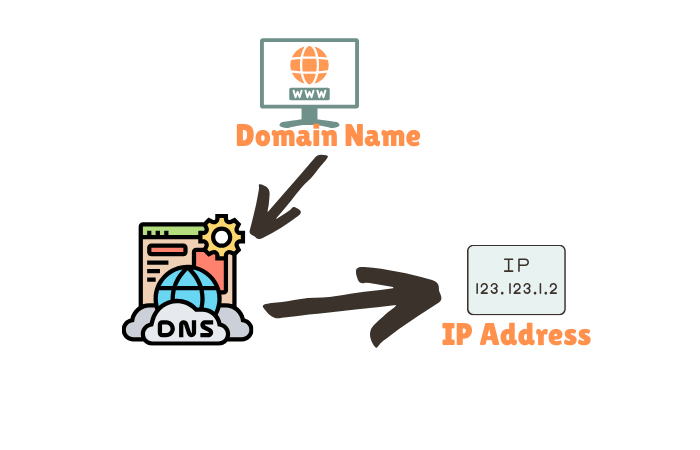 Diagram of the domain name and DNS relationship, domain name, tag line and site title