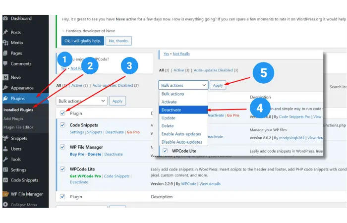 WordPress plugins page with all plugins selected and bulk actions dropdown showing deactivate option