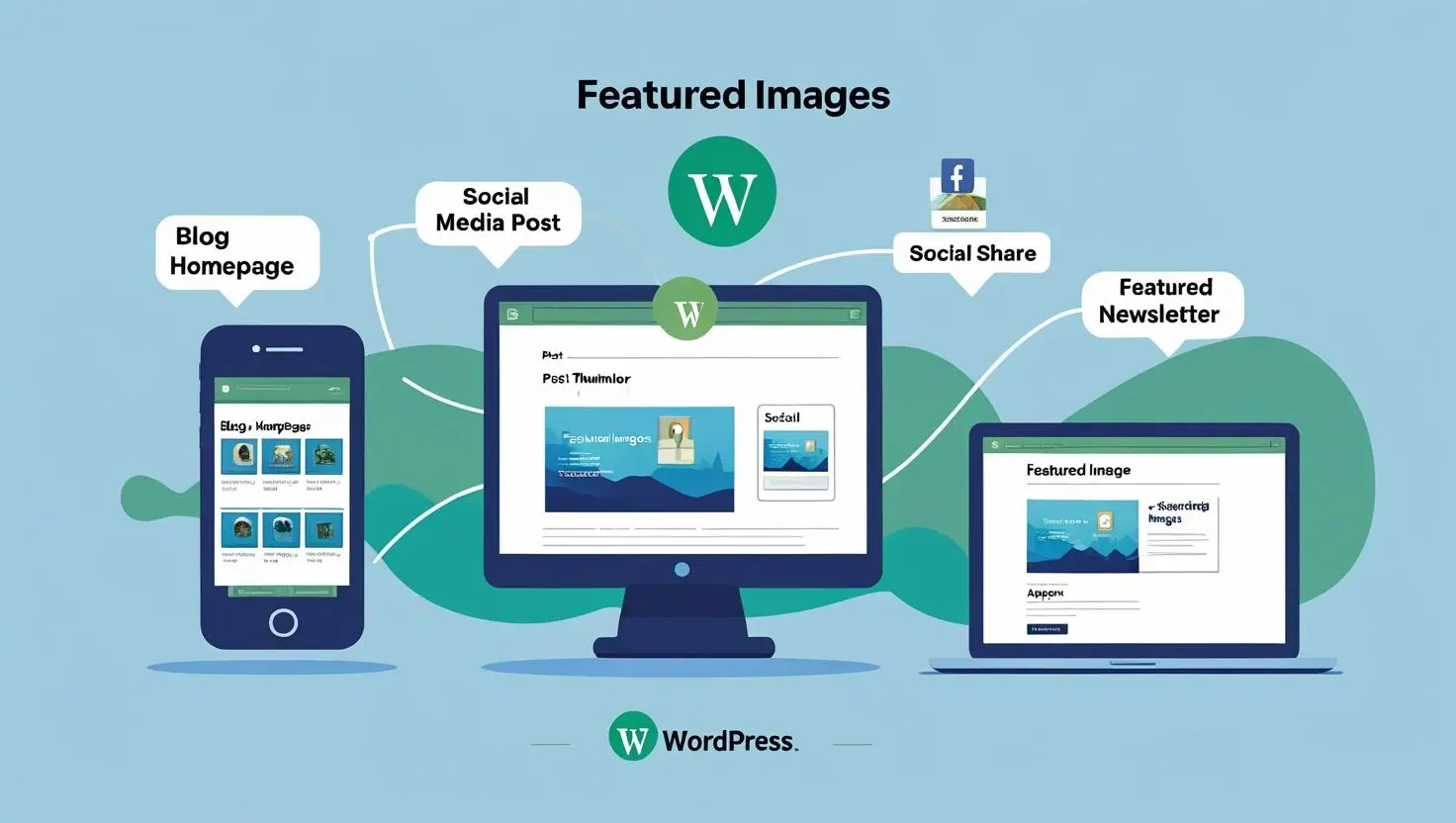 Illustration showing WordPress featured images appearing on blog homepage, social media posts, email newsletters, and archive pages across different devices