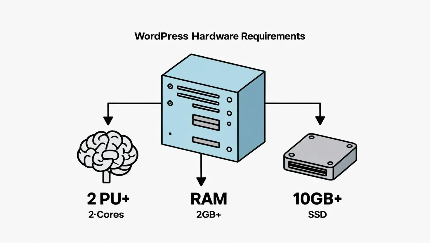 Simple diagram showing WordPress server hardware requirements: CPU 2+ cores, RAM 2GB+, and storage 10GB+ SSD for optimal performance