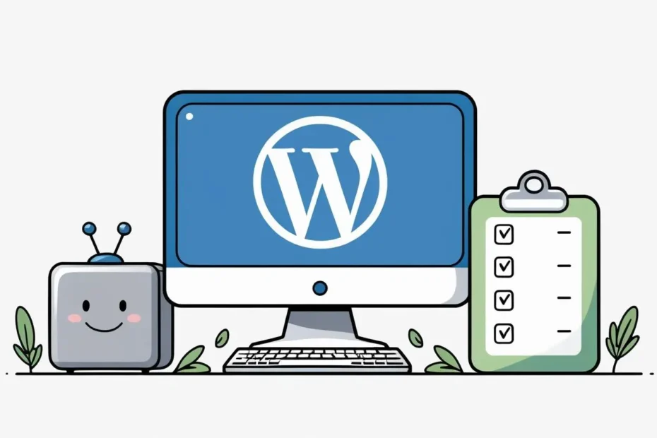 Simple centered illustration showing WordPress server requirements with computer monitor, server, and checklist for 2025 hosting guide