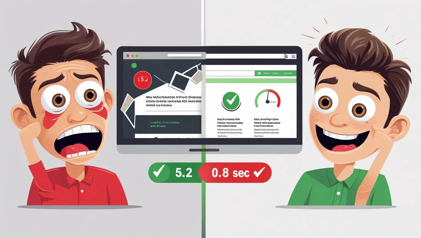 Split-screen comparison showing slow website loading (5.2 seconds) versus fast website loading (0.8 seconds) demonstrating the impact of proper WordPress server requirements