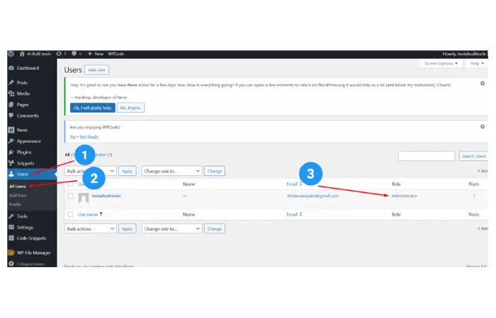 WordPress Users All Users page showing different user roles including Administrator, Editor, and Author permissions